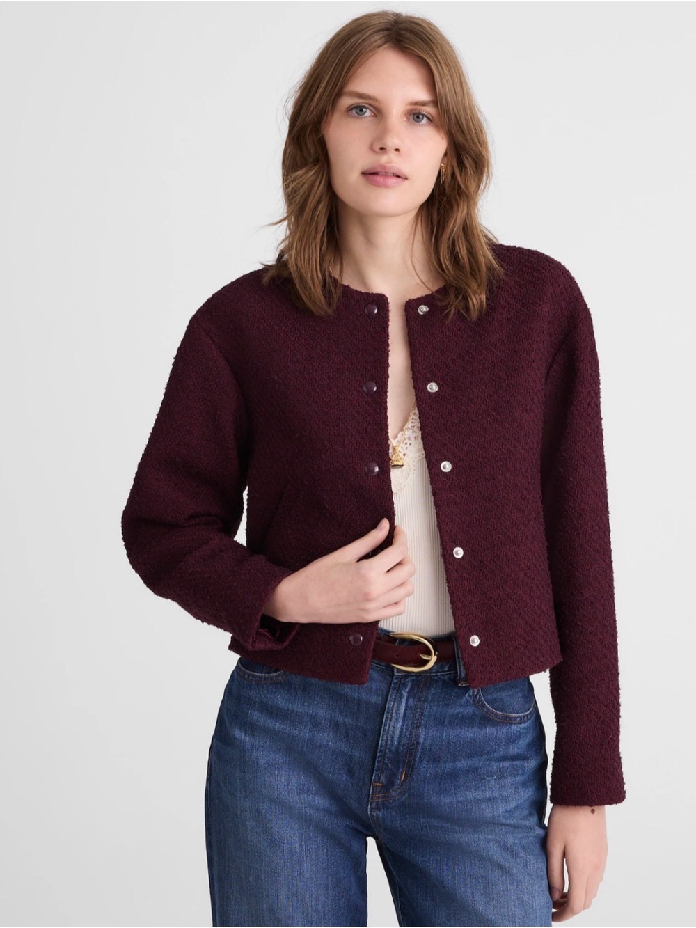 Madewell Burgundy Cropped Bouclé Jacket